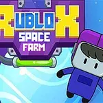 Barevná kreslená postava v kosmickém obleku na pozadí s nápisem RUBLOX SPACE FARM a hvězdami