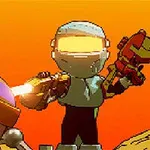 Postava ve futuristickém oblečení drží zbraně s oranžovým pozadím