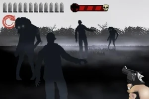 Stíny postav kráčejících v mlze s nataženou pistolí v popředí