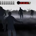 Stíny postav kráčejících v mlze s nataženou pistolí v popředí