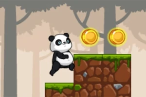 Panda na platformě v lese s dvěma zlatými mincemi nad hlavou