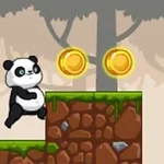 Panda na platformě v lese s dvěma zlatými mincemi nad hlavou