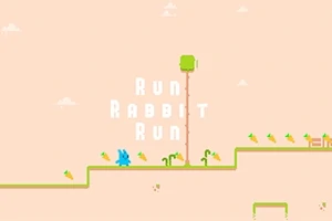 Pixelová scéna s modrým králíkem, mrkví a textem Run Rabbit Run na pastelově růžovém pozadí