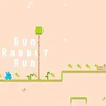 Pixelová scéna s modrým králíkem, mrkví a textem Run Rabbit Run na pastelově růžovém pozadí