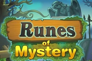 Dřevěná cedule s nápisem Runes of Mystery na pozadí tajemného lesa se sochou a stromy