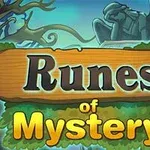 Dřevěná cedule s nápisem Runes of Mystery na pozadí tajemného lesa se sochou a stromy