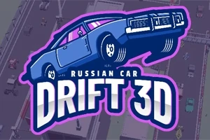 Modrý retro automobil v driftu s nápisem Russian Car Drift 3D na fialovém pozadí