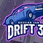 Modrý retro automobil v driftu s nápisem Russian Car Drift 3D na fialovém pozadí