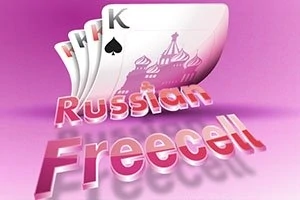 Tři karty s motivem černého krále a ruské architektury na růžovém pozadí s textem Russian Freecell