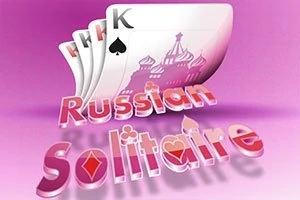 Čtyři hrací karty s obrázkem chrámu s kupolí na růžovém pozadí s textem Russian Solitaire