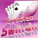 Čtyři hrací karty s obrázkem chrámu s kupolí na růžovém pozadí s textem Russian Solitaire