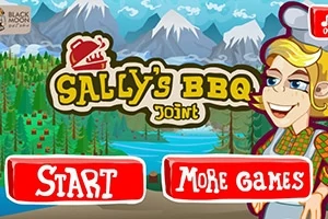 Ilustrace se záhlavím Sallys BBQ Joint s kreslenou postavou venkovského stylu a dvěma tlačítky Start a More Games na pozadí horské krajiny