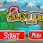 Ilustrace se záhlavím Sallys BBQ Joint s kreslenou postavou venkovského stylu a dvěma tlačítky Start a More Games na pozadí horské krajiny