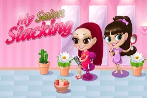 Dvě kreslené postavy v růžovém kadeřnickém salónu s květinami v květináčích a nápisem My Salon Slacking