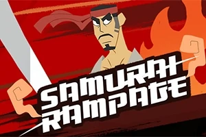 Kreslený samuraj s mečem na červeném pozadí s plameny a textem Samurai Rampage
