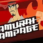 Kreslený samuraj s mečem na červeném pozadí s plameny a textem Samurai Rampage