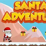 Santa Claus v červeném obleku běží v zasněžené krajině s horami a stromy, kolem jsou dárky, a nad ním je nápis Santa Adventure