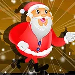 Veselý Santa Claus běžící na pozadí osvětleného města za sněžení
