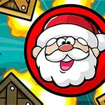 Santa Claus s červenou čepicí uprostřed výbuchů a dřevěných beden na tyrkysovém pozadí