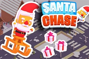 Santa na houpačce, se třemi dárky a textem Santa Chase na pozadí města s křižovatkou