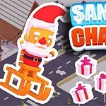 Santa na houpačce, se třemi dárky a textem Santa Chase na pozadí města s křižovatkou