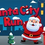 Santa Claus stojí ve zasněženém městě s vánočními světly na budovách a malým ozdobeným stromečkem