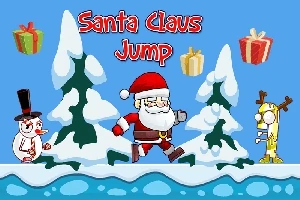 Santa Claus skáče mezi zasněženými stromy a nad ním se vznášejí barevné dárky, s veselým sněhulákem a sobem po stranách