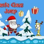 Santa Claus skáče mezi zasněženými stromy a nad ním se vznášejí barevné dárky, s veselým sněhulákem a sobem po stranách