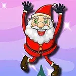 Veselý Santa Claus s roztaženýma rukama skáče na pozadí s růžovými a fialovými hvězdami