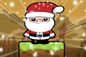Kreslený Santa Claus stojí na zelené kostce v zasněžené krajině s paprsky světla v pozadí