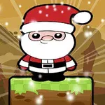 Kreslený Santa Claus stojí na zelené kostce v zasněžené krajině s paprsky světla v pozadí