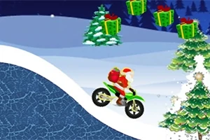 Santa Claus na motorce projíždí zasněženou krajinou s vánočními stromy a létajícími dárky