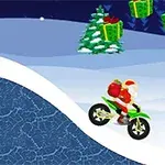 Santa Claus na motorce projíždí zasněženou krajinou s vánočními stromy a létajícími dárky