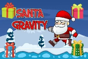 Vánoční motiv se Santou, který skáče nad zasněženou krajinou, s dárky a nápisem Santa Gravity