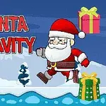 Vánoční motiv se Santou, který skáče nad zasněženou krajinou, s dárky a nápisem Santa Gravity