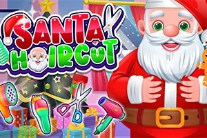 Veselý Santa Claus s bílým plnovousem v červeném obleku obklopený kadeřnickými nástroji a barevnými dárky