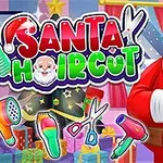 Veselý Santa Claus s bílým plnovousem v červeném obleku obklopený kadeřnickými nástroji a barevnými dárky