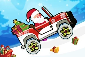Santa Claus řídí červené terénní auto se sněhovými vločkami, s dárky na zadní části, v zasněžené zimní krajině
