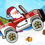 Santa Claus řídí červené terénní auto se sněhovými vločkami, s dárky na zadní části, v zasněžené zimní krajině
