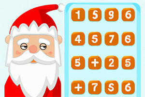 Santa Claus vedle tabulky s čísly na modrém pozadí