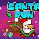 Santa v červeném obleku běží s vánočním věncem a pytlem plným cukroví, obklopený padajícími vločkami na fialovém pozadí