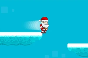 Santa Claus skáče přes zasněžené plovoucí plošiny na modrém pozadí