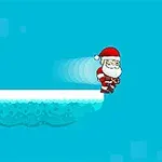 Santa Claus skáče přes zasněžené plovoucí plošiny na modrém pozadí