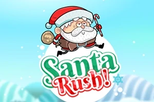 Kreslený Santa Claus s pytlem dárků a holí, text „Santa Rush!