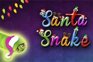 Barevný nápis Santa Snake s čepičkami Santa Clause ve stylu svítících hadů a zelený had s vánoční čepicí na tmavém pozadí