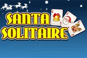 Název Santa Solitaire ve žlutých písmenech na modrém pozadí s obrázky vánočních karetních symbolů a siluetou saní s soby