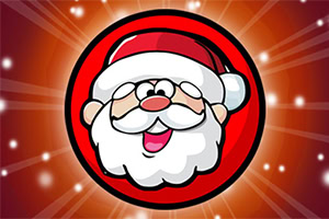 Kreslený obličej Santa Clause s červenou čepicí a bílým plnovousem na zářivém červeném pozadí s hvězdami