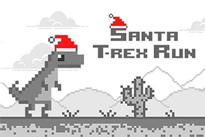 Pixelový T-Rex s červenou santovskou čepicí stojí vedle kaktusu v jednoduché černobílé grafice