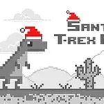 Pixelový T-Rex s červenou santovskou čepicí stojí vedle kaktusu v jednoduché černobílé grafice