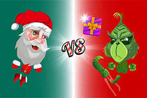 Santa Claus a Grinch na rozděleném pozadí se svátečním dárkem a nápisem VS uprostřed